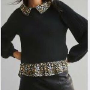 Anthropologie Maeve Twofer Sweater Womens XL  Black Floral Peter Pan Collar